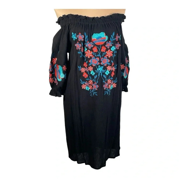 Staccato BoHo‎ Dress Small Black Tunic Shirred Neck Floral Print 🆕 - Picture 1 of 7